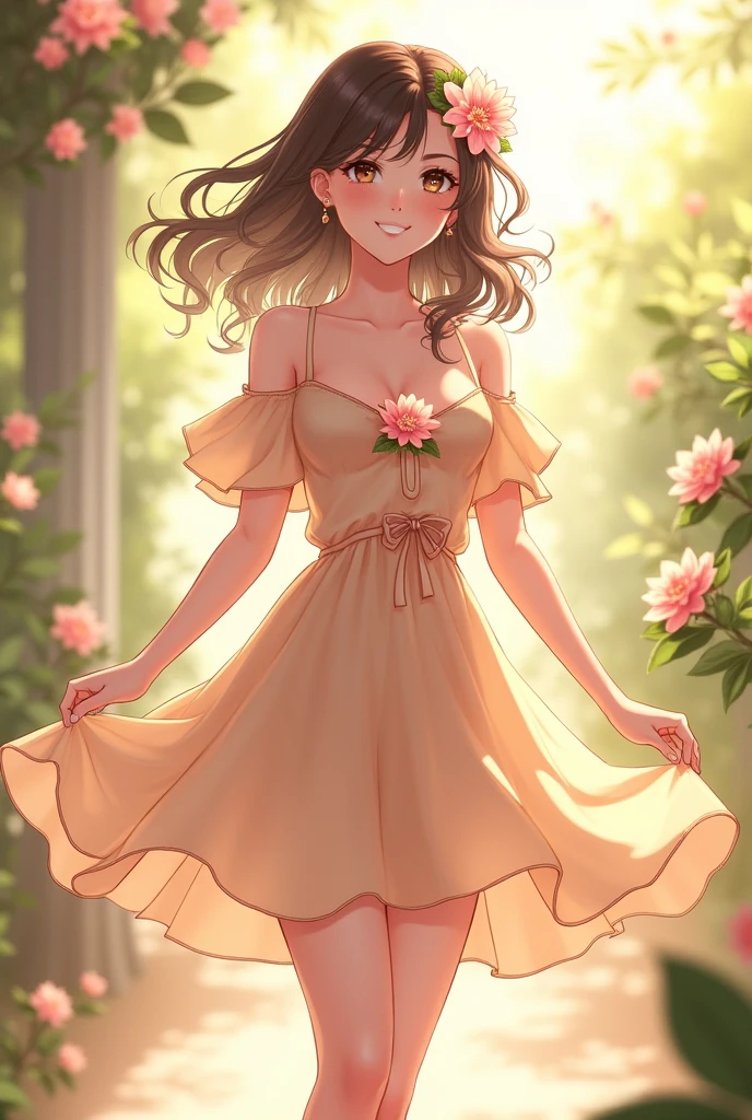 Ultra high quality,High heel,Off-shoulder,Long legs,Smile,Sunlight,Short skirt,full-body shot,Wear flowers,charming,Beautiful girl,student,School Belle