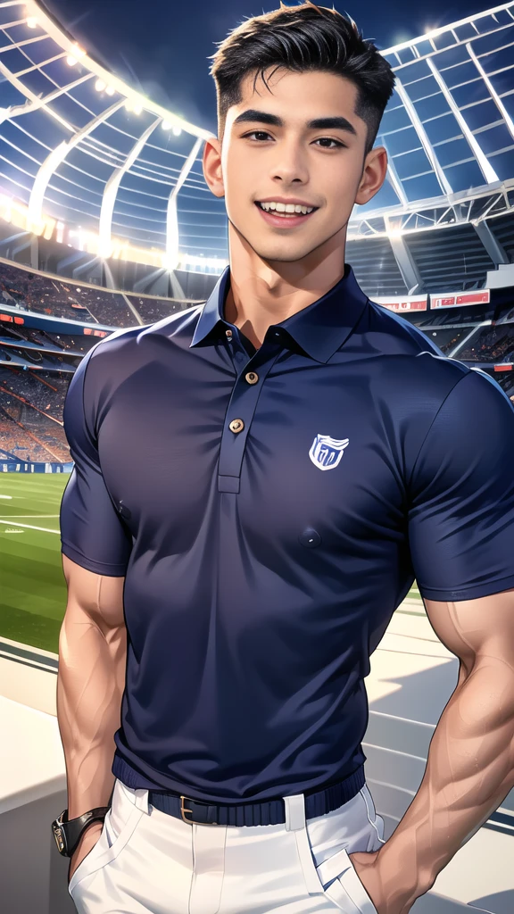 1 man, smile, (wearing navy clothes, round neck, short sleeve football shirt.), Navy cargo pants, Korean guy , korean men, (High gloss details), chest muscles, Big arm muscles, blood vessel, big muscles, Broad shoulders, looking at the audience, Balancing the eyes, (Make eye contact), sports stadium, football