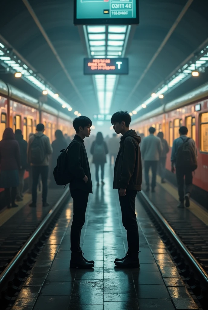 A Korean couple broke up at Shenzhen North Railway Station,There are trains and passengers on the platform