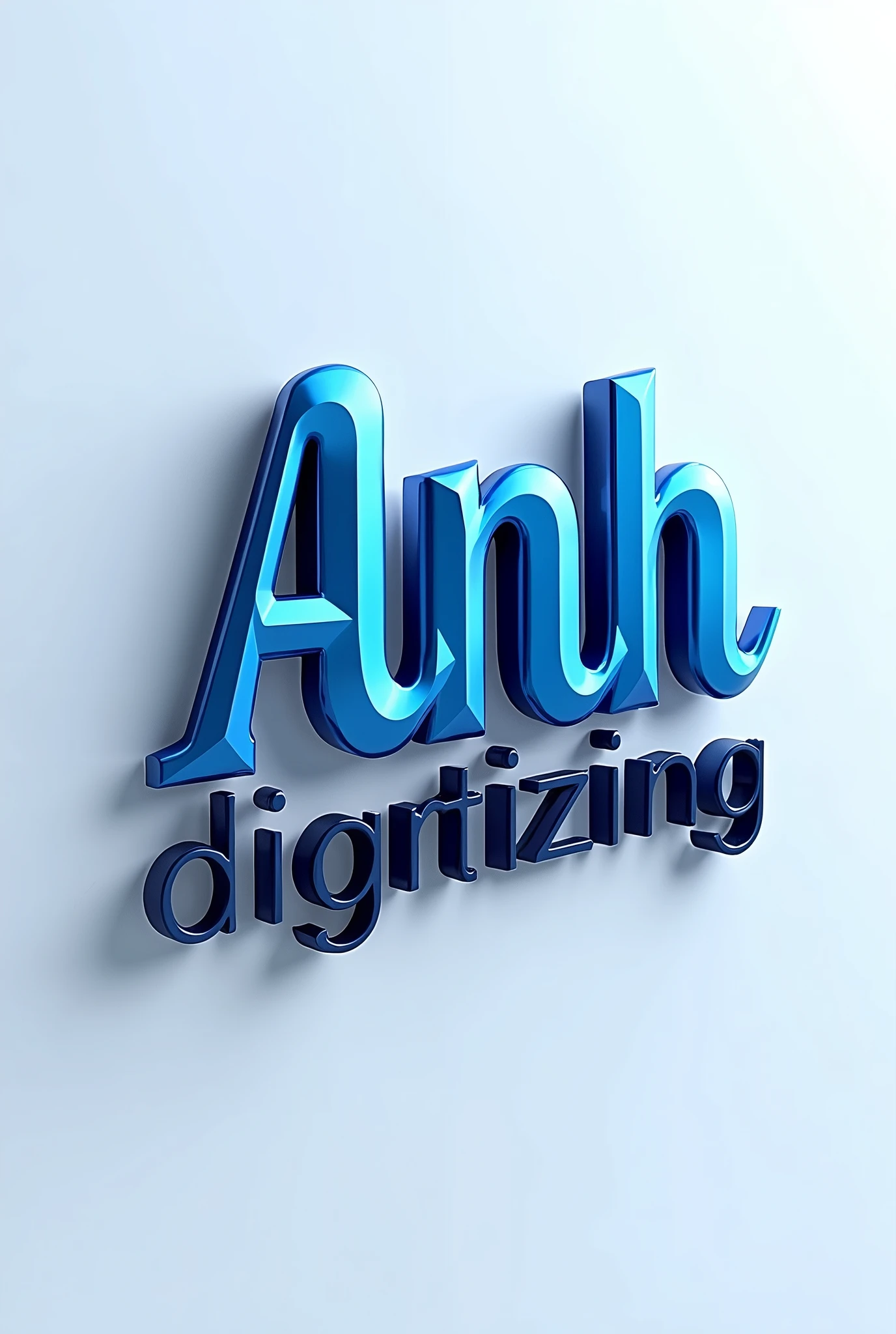 a detailed logo, beautiful blue & black text, shiny blue text, text "Anh Digitizing", minimalist geometric design, modern, sleek, elegant, high quality, ultra-detailed, 3D rendering, cinematic lighting, dynamic composition, symmetrical balance, high contrast, vibrant colors, glossy finish, photorealistic, digital art, designing, backgrounddesign