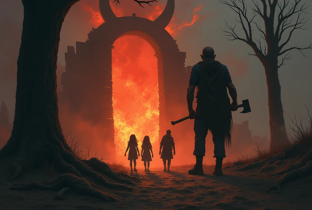 A father is busy, chopping a tree, alone and unpreocupied, having turned his back. A mother and her Kids are playing far away, very close to the firey gates of hell. The devil is welcoming the kids.