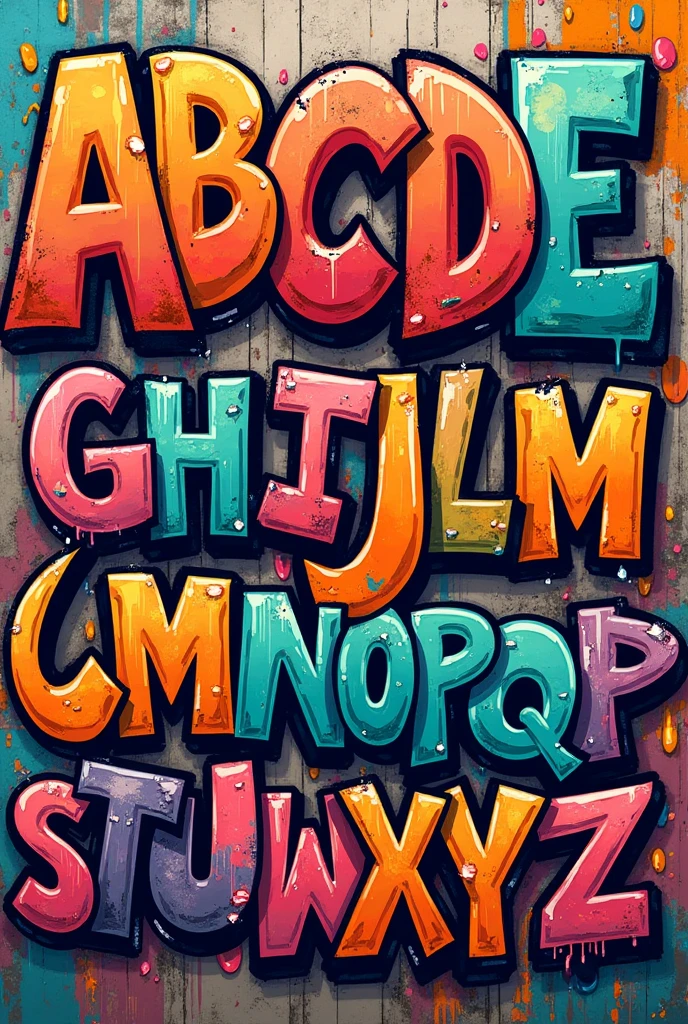 Page avec toutes les 26 lettres de l’alphabet dans l’ordre  A B C D E F G H I J K L M N O P Q R S T U V w X Y Z en style grafitti attention qu’il ne manque pas de lettre ou qu’elle ne soit pas en double 