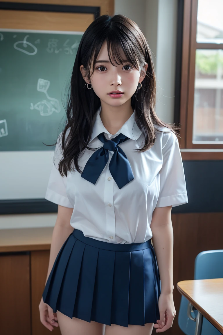 Absurd, (RAW Photos), (Very delicate and beautiful), (masterpiece), (Highest quality), (Ultra-high resolution), (32K), (Surreal), (Very detailed), (Perfect Anatomy:1.2), Perfect figure, Very detailed肌, Very detailed CG 8k 壁紙, 30 years old, very slim figure, Tight waist, very small head, Very small face, Delicate facial features, Tearful mole, Earrings, Thin legs, (Very big round breasts:1.2), (Full Body Shot), short hair, (Wavy Hair:1.2), Wet clothes, (School_uniform:1.3), 