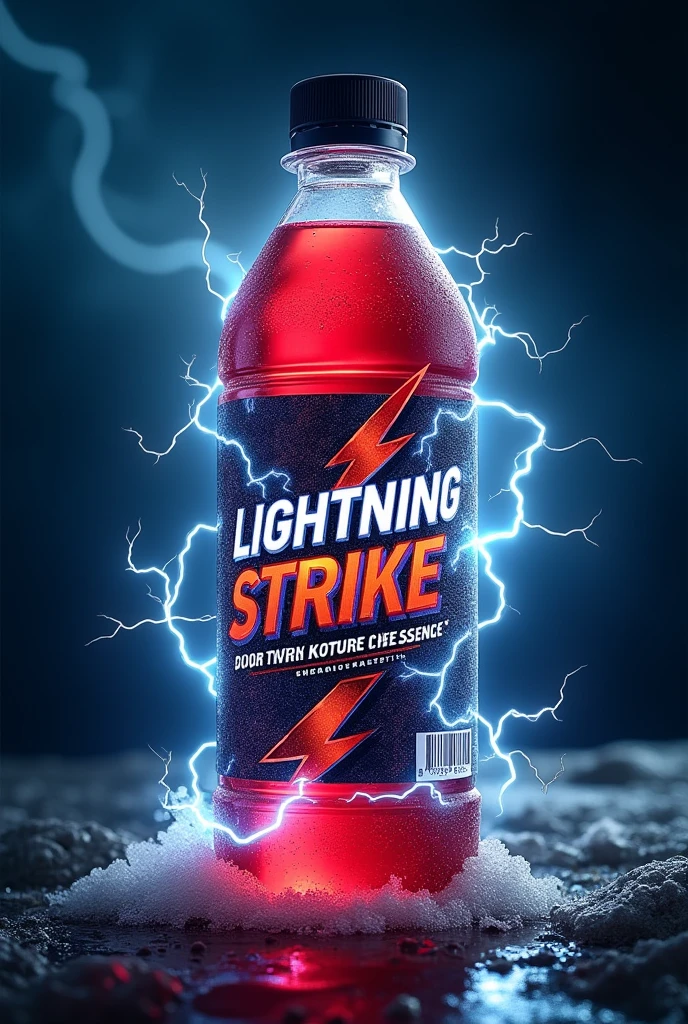 Here's a detailed description of the *Lightning Strike* energy drink bottle:
---
**Product Name**: *Lightning Strike*
**Bottle Design**:
- **Shape**: The bottle is sleek and ergonomic, designed for easy grip. It's similar in shape to the Sting energy drink bottle, with smooth curves and a comfortable hold.
- **Material**: Made from transparent plastic, allowing the vibrant red liquid inside to be clearly visible, creating a striking contrast with the label.
- **Cap**: The bottle has a screw cap, ensuring it can be easily opened and securely closed.
**Design**:
- **Color Scheme**: features a bold design with a dark, electric blue background, accentuated by metallic silver and white highlights.
- **Text**: The name "Lightning Strike" is written in a bold, electrifying font that seems to buzz with energy. The text is large and centered on the label, making it the focal point of the design.
- **Graphics**: Surrounding the text are dynamic lightning bolt graphics that wrap around the bottle, emphasizing the energy and power associated with the drink. The bolts are sharp and bright, adding a sense of motion and excitement to the label.
Don't add unfamiliar wordd wtf is ingruitearel??