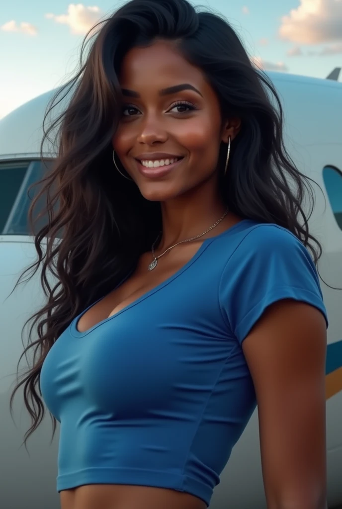 (photorealism: 1.2), black girl, with a blue t-shirt, sexy a little round and hot in a sexy dynamic pose. raw portrait photography, hyper realistic and detailed face, complex and realistic skin texture, hot body, athletic body, brazilian, smiling, full lips, long hair, tanned, on a plane
