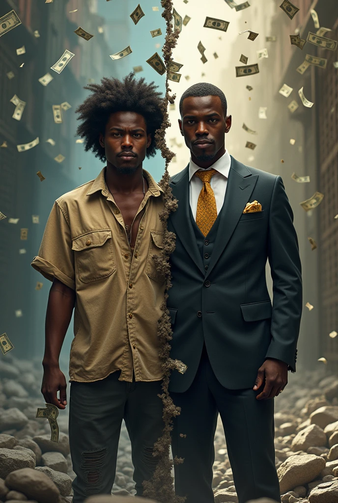 Divide an image with a vertical line that is located in the center of the image, On the left side put a black person with poor clothing and a torn shirt, suffering from economic situations makes stones fall on the left side . And on the right side put a black person with elegant and high-class clothing enjoying his riches and money where on the right side money falls (keep people focused, looking forward) (that their full body can be seen) 
