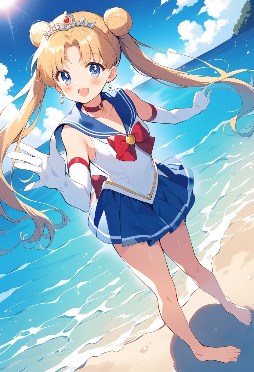 Anime illustration aausagi, long hair, double bun, twintails, parted bangs, tiara, earrings, Blue eyes, red choker, blue sailor collar, red bow, white shirt, elbow gloves, white gloves, blue skirt, blush, Cute Smile Open your mouth, Are standing, (
She walked along the moonlit beach, her bare feet touched the water, and she came closest to that smile), barefoot, Two Arms, (cinematic angle:1.1),