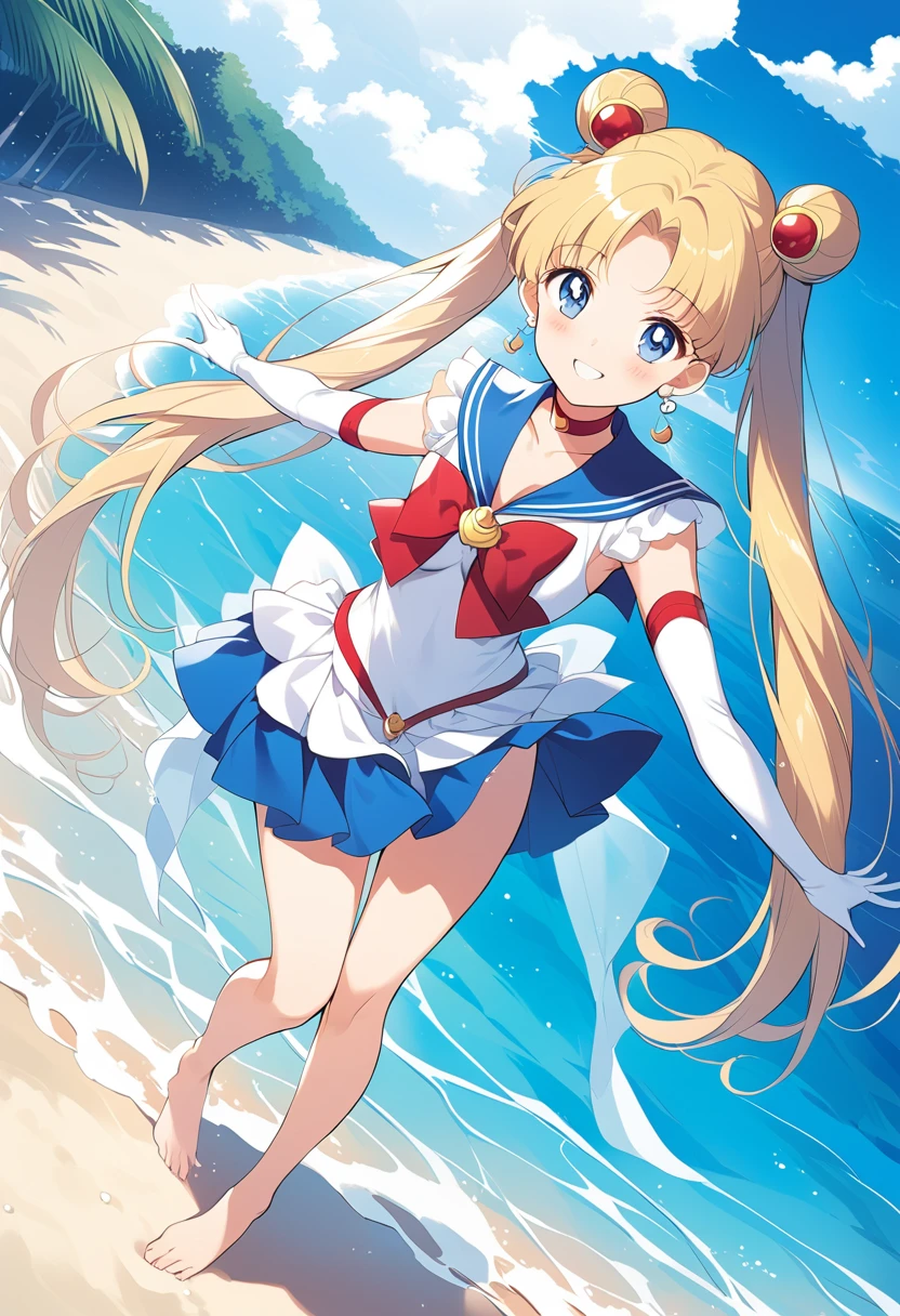 Anime illustration aausagi, long hair, double bun, twintails, parted bangs, tiara, earrings, Blue eyes, red choker, blue sailor collar, red bow, white shirt, elbow gloves, white gloves, blue skirt, blush, Cute Smile　Open your mouth, Are standing, (
She walked along the moonlit beach, her bare feet touched the water, and she came closest to that smile), barefoot,　Two Arms, (cinematic angle:1.1),