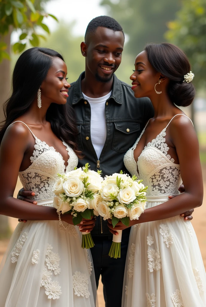 Un jeune garçon de 23 ans africain en veste au milieu de deux belles filles africaines en robe de mariage et tenant chacune dans les mains une fleur. La première fille a 19 ans et est heureuse tandis que la seconde fille a 21 ans et est triste