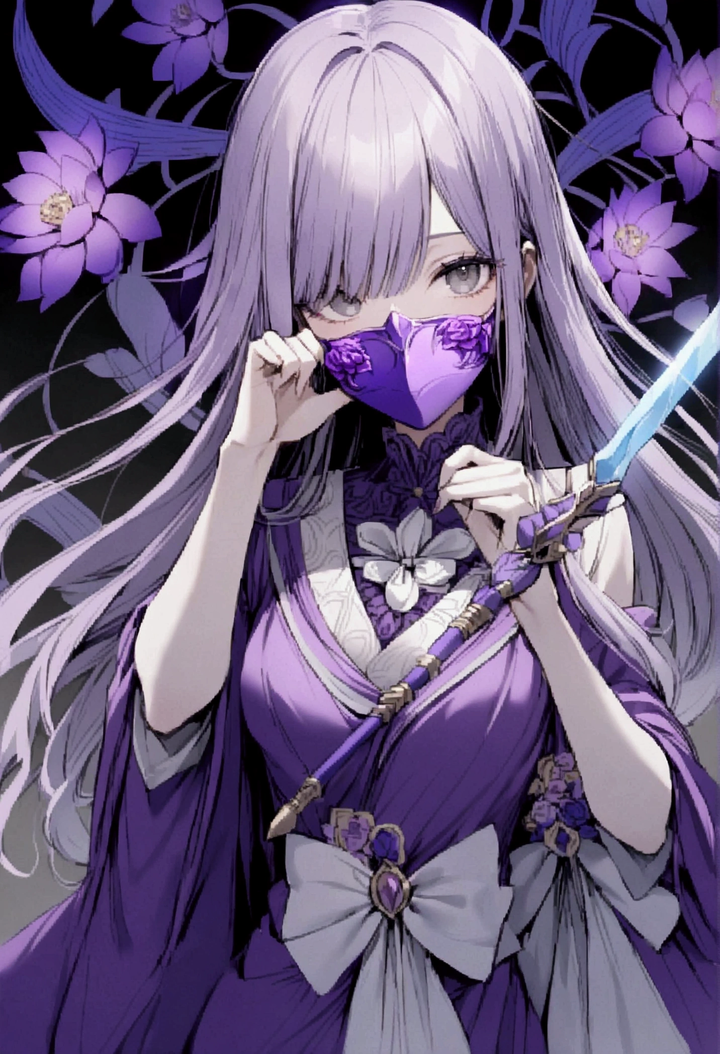 A purple-haired female cultivator with gray eyes wearing a mask covering her face, her scar running from her eye to her cheek, wearing a purple robe with lotus flower edges, her straight hair always carrying a white bow, a magician who had an ice bow called iris as a weapon.