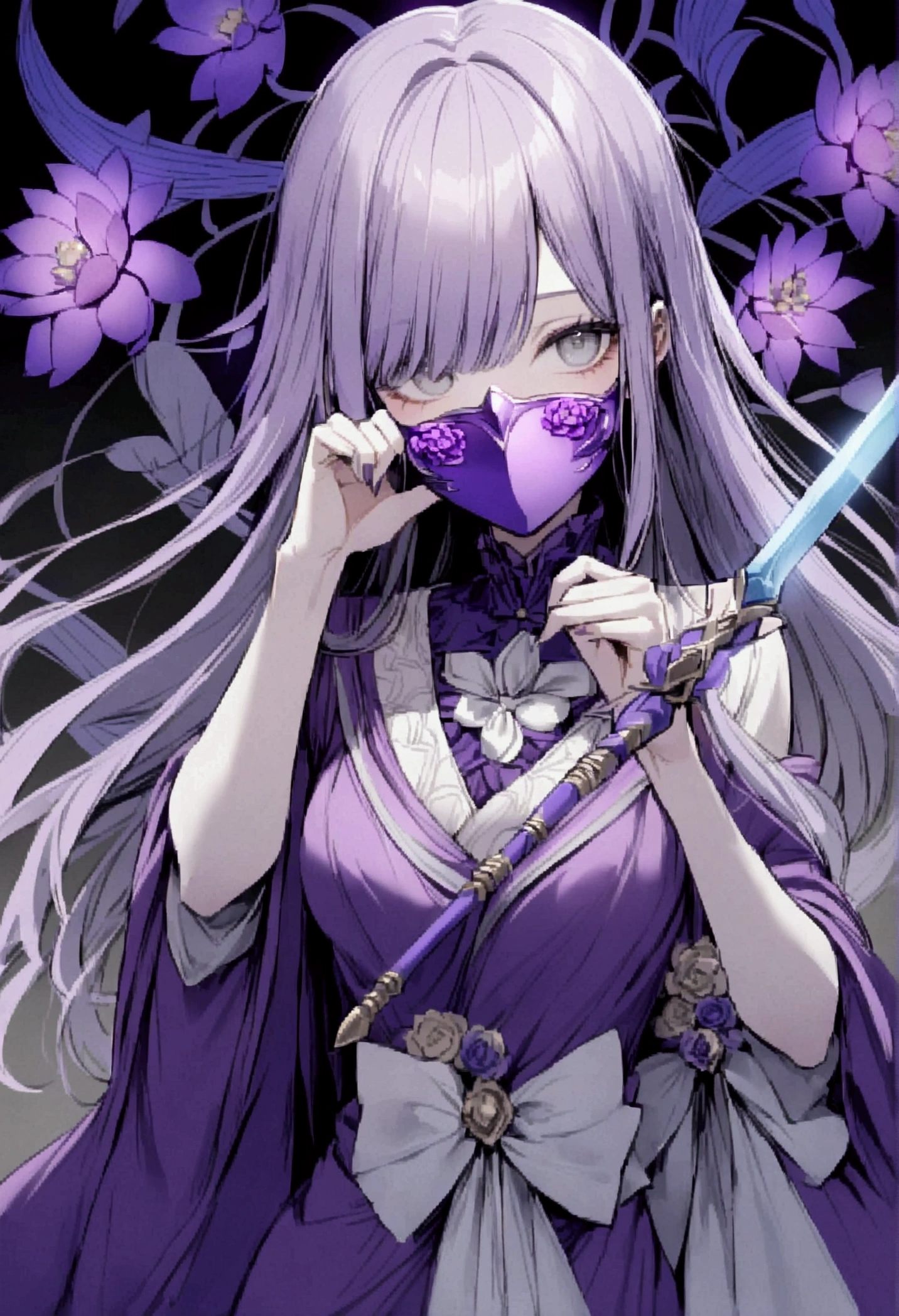 A purple-haired female cultivator with gray eyes wearing a mask covering her face, her scar running from her eye to her cheek, wearing a purple robe with lotus flower edges, her straight hair always carrying a white bow, a magician who had an ice bow called iris as a weapon.