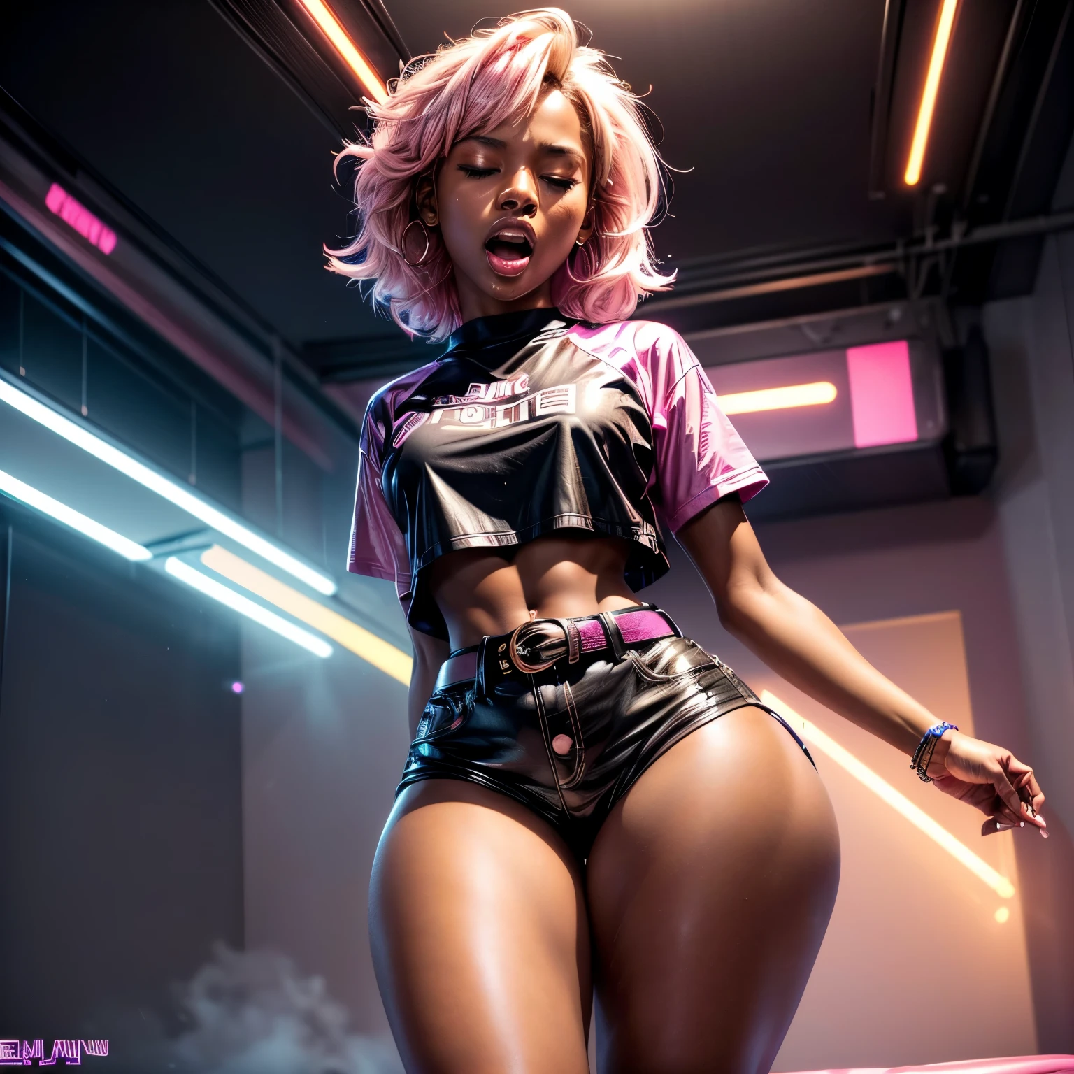 in pink hypnosis, (1), (dark skin), dark skin, wide shot, blond hair, orgasm, (white button down top, pink shorts with belt), (Masterpiece, Professional lighting, 16k, 8k wallpaper, raw photo, photorealistic:1.8, ultra detailed, natural lighting, detailed skin sexy pose, open mouth, big lips, night time, eyes closed, magic energy, neon light, orgasm, screaming, thick thighs, ((slim thick body:1.2)), hypnosis