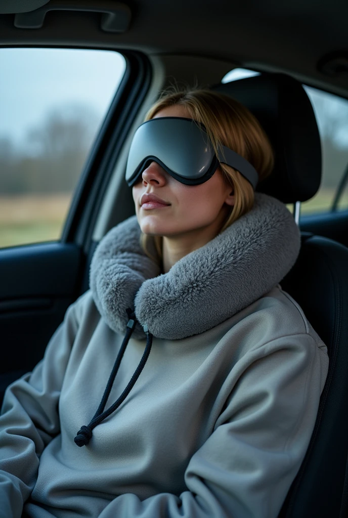 Person with hooded neck pillow and sleep mask on a car trip 
