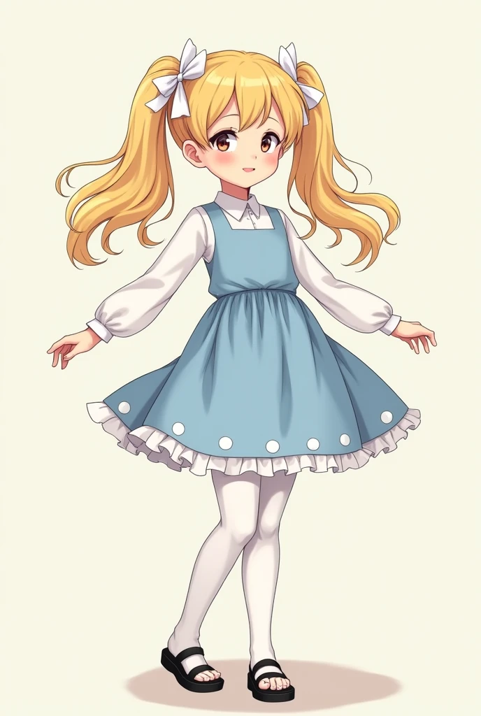 Blonde girl in helow kity tights light blue flared dress above the knee long white stockings black sandals, I combed her hair and made two pigtails with white ribbon bows.