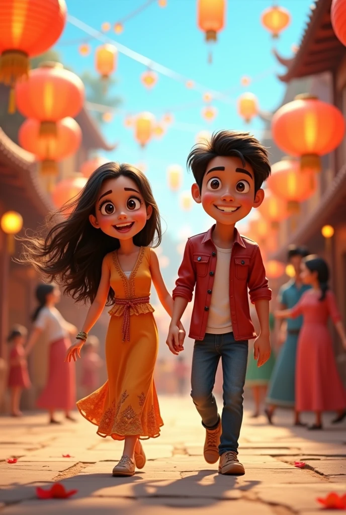 In cenamatic 3d cartoon style "The couple walking through a village festival, surrounded by lanterns, music, and dancing villagers. Muskan and Aryan are smiling brightly, enjoying the lively celebrations.