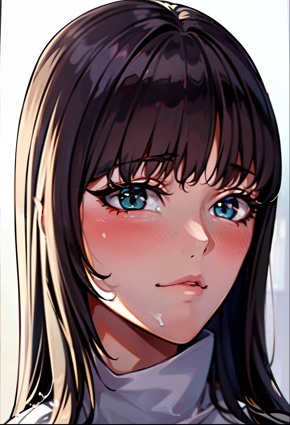 1 girl, black hair, esmerald (blank) (white background), light atmosphere, (light lighting), dark facial makeup, ((erotic expression))((face covered in semen))