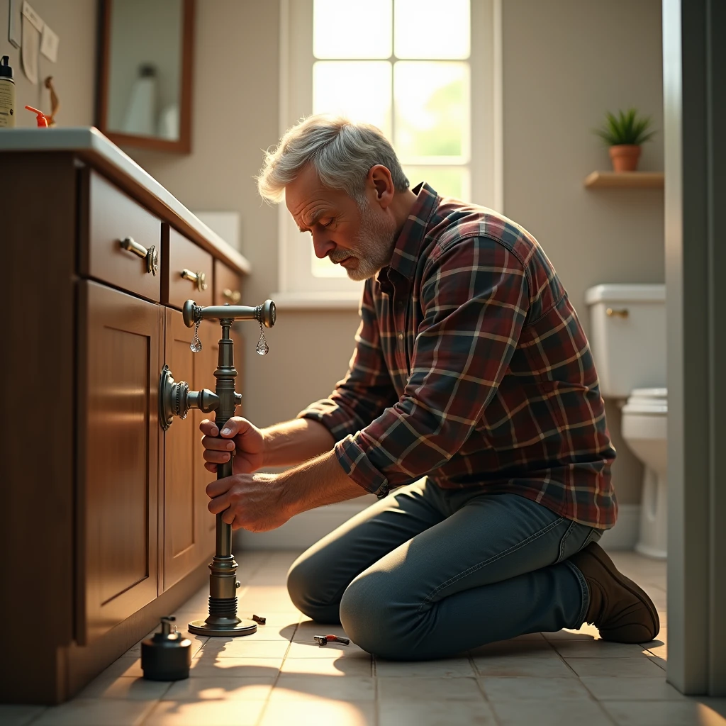 a man(human) ,fixing faucet,In bathroom