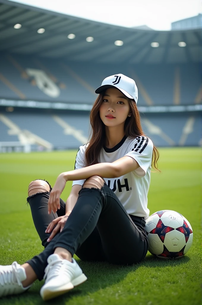 Displaying full HD high resolution photos, A handsome Korean girl is sitting in the middle of the stadium field., while sitting on the grass the girl is holding a ball with the JJ symbol, the girl is wearing a juventus jersey, black jeans have rips, adidas white sneakers, and wear a baseball cap with the JJ logo, looking at the camera with a relaxed face, seen the stadium stands with letters written on them "juventus", background of stadium and green grass field, realistic