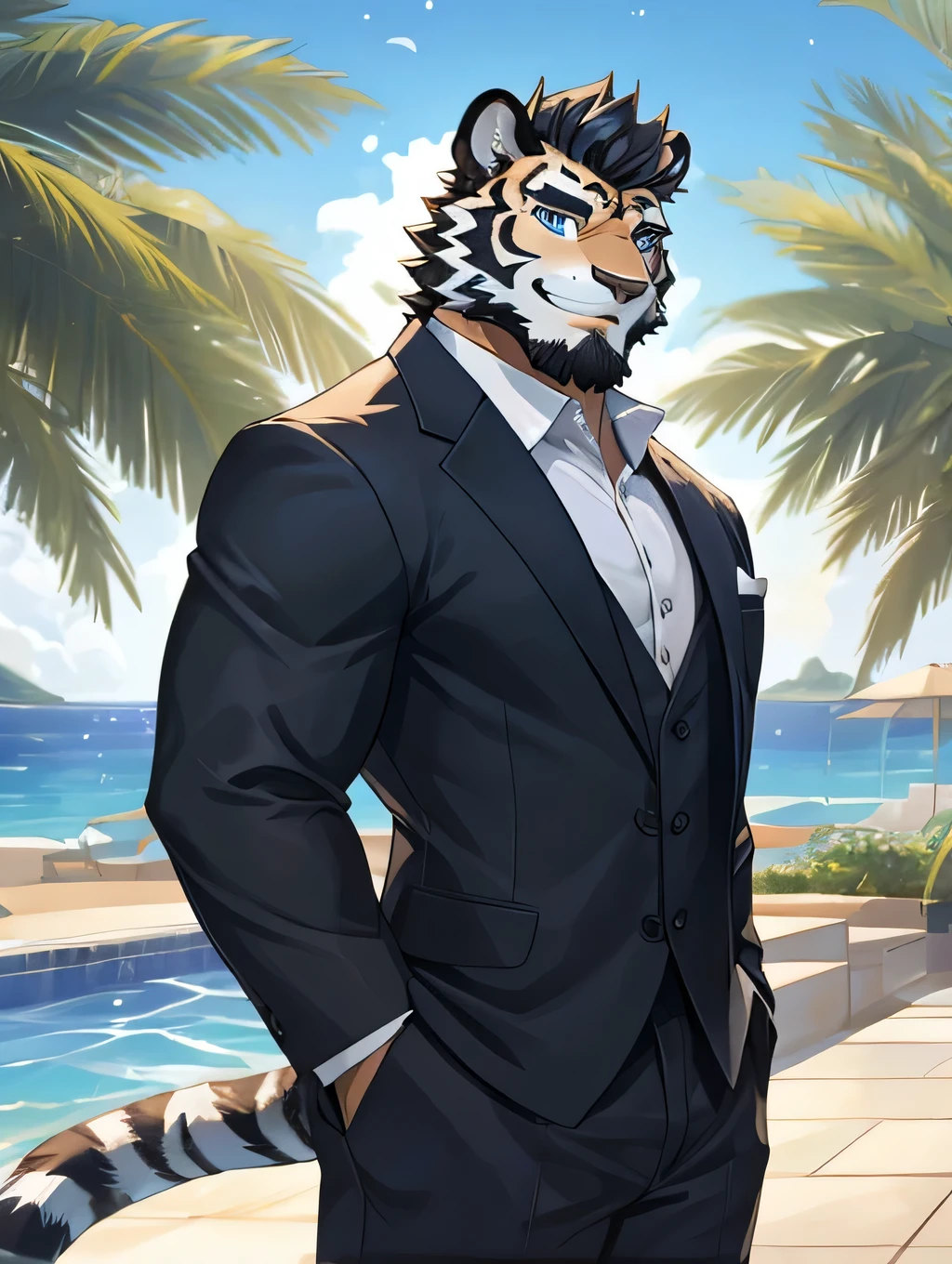 masterpiece, Alone, Black white tiger hairy, blue eyes, medium black hair, Medium black facial hair, muscled body, Pose genial, elegant, good looking, adult, feroz, smiling, summer suit, summer background.