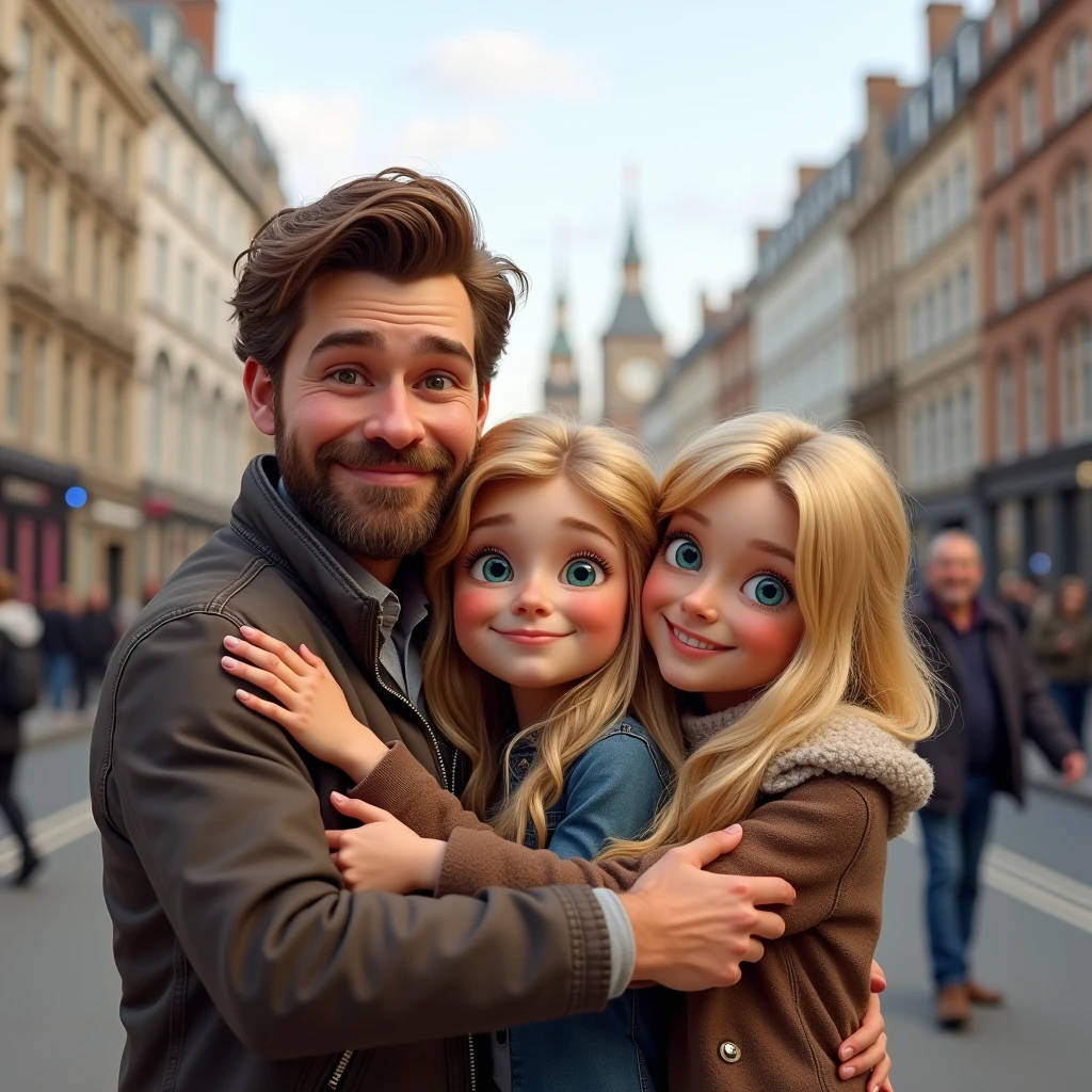 Blonde  , blue eyes very long hair hugging her father, brown hair and eyes and her mother blonde green eyes long hair taking a selfie on the streets of London 8k ultra realistic 