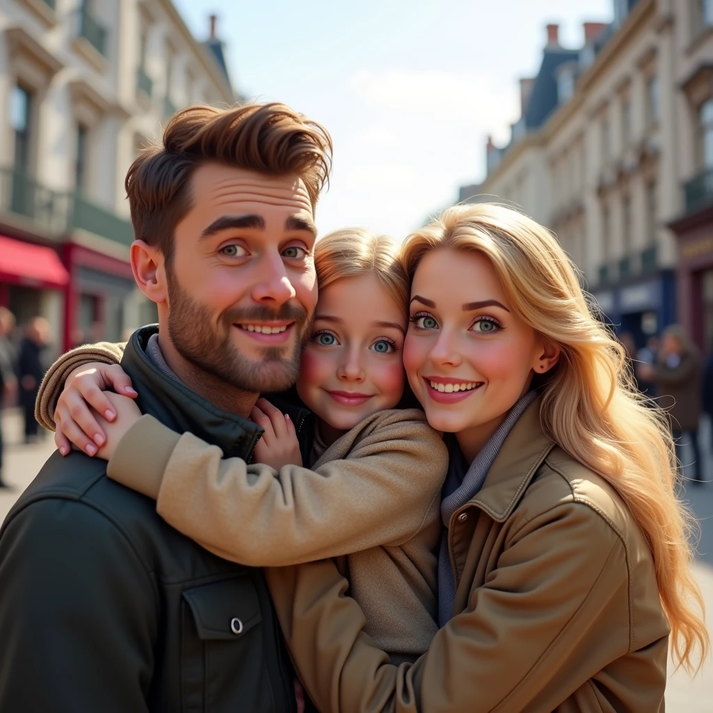 Blonde  , blue eyes very long hair hugging her father, brown hair and eyes and her mother blonde green eyes long hair taking a selfie on the streets of London 8k ultra realistic 