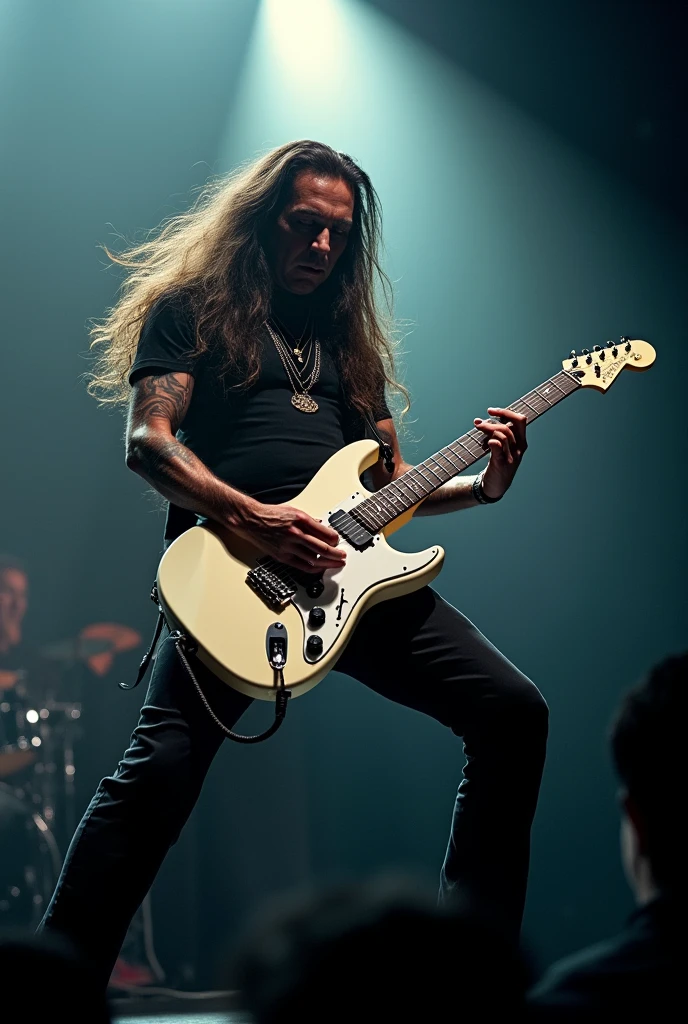 Yngwie Malmsteen playing a white Stratocaster guitar