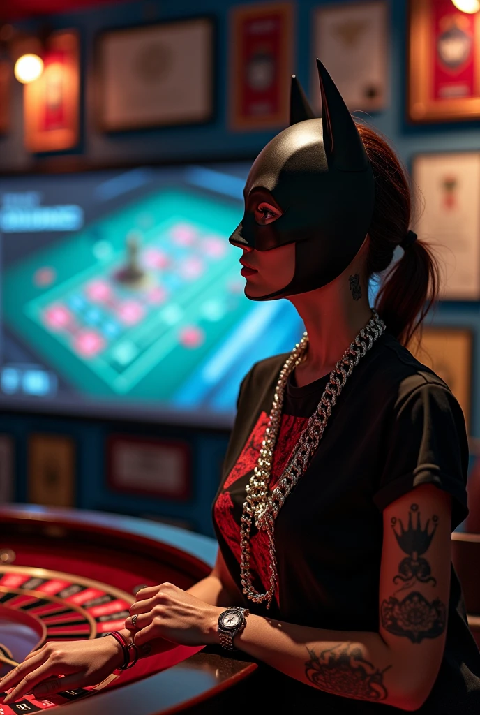 Woman in back of room looking at projector screen on wall with roulette game , with Batman mask without army vest t-shirts, with the roller print, diamond chain, Rolex, tattooed, in a custom roulette-themed room, roulette course medals and certificate on the wall
