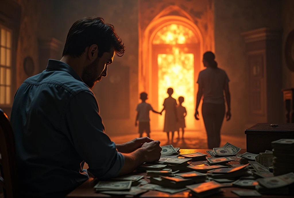 A father is busy counting money, alone and unpreocupied, having turned his back. A mother and her Kids are playing far away, very close to the firey gates of hell. The devil is welcoming the kids.
