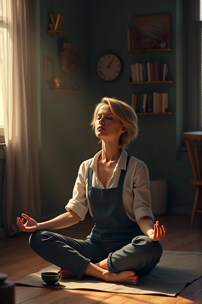 Short haired German woman meditating after a long time of work