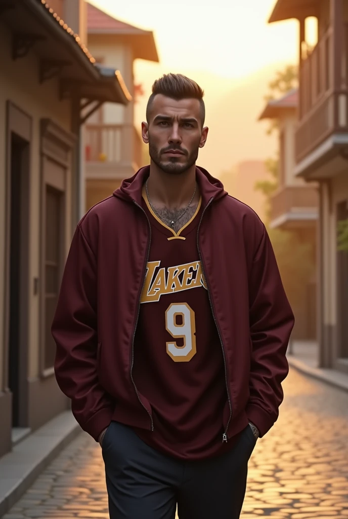 (photorealism:1.2), beautiful man, walking on the street, wearing dark red jacket, lakers jersey, haircut like David Beckham in 2016, no tattoos, outdoors, soft lighting, street of Tbilisi background, sunlight weather, relaxed pose, realistic, intricate details, warm colors