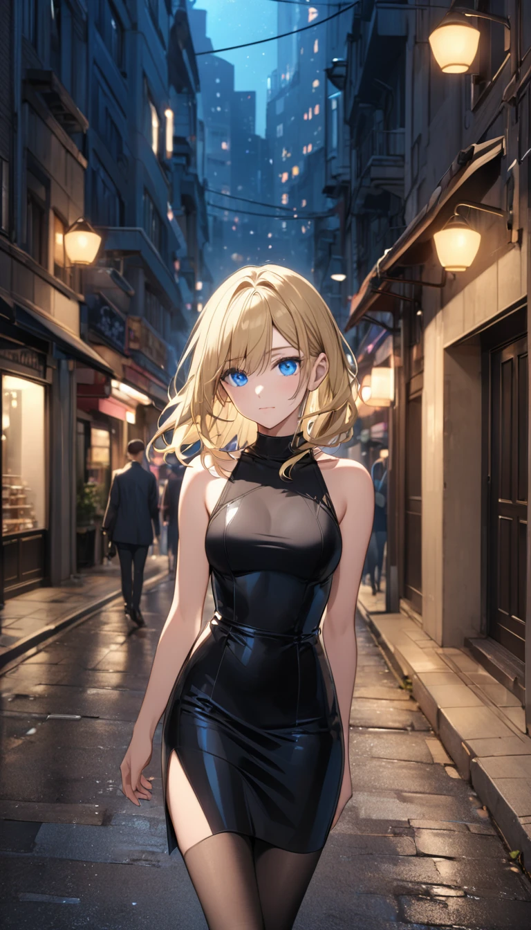 Blonde,blue eyes,black tight dress,streets,night