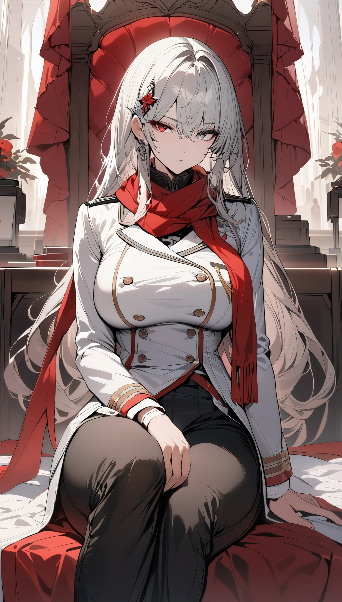 (best quality:1.3), (masterpiece:1.3), (illustration:1.3), (ultra-detailed:1.3), 1girl, white hair, solo, (large breasts), tall, mature, long hair, expressionless, white coat, black pants, sitting, hair ornament, heterochromia, red eyes, gray eyes, red scarf, red pouch,((military uniform)), black footwear,