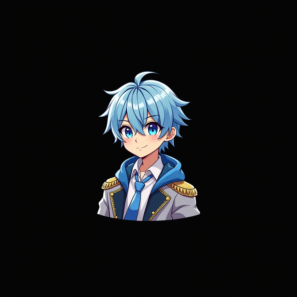 images for a Cute PNGTuber Model Cute male tuber PNG model with blue hair with blue and half dark blue eyes white shirt with blue tie and white prince coat with gold shoulder details