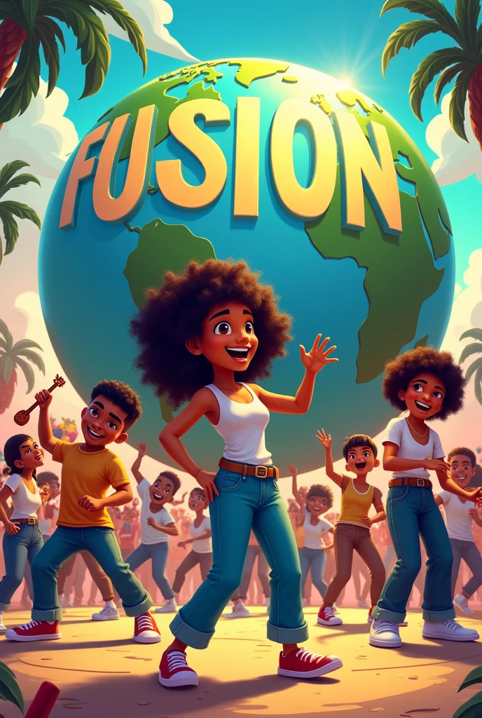 a group of people dancing hiphop with a globe and tres and a name "FUSION" at the back. a cartoon style. its an art that full of different pictures
