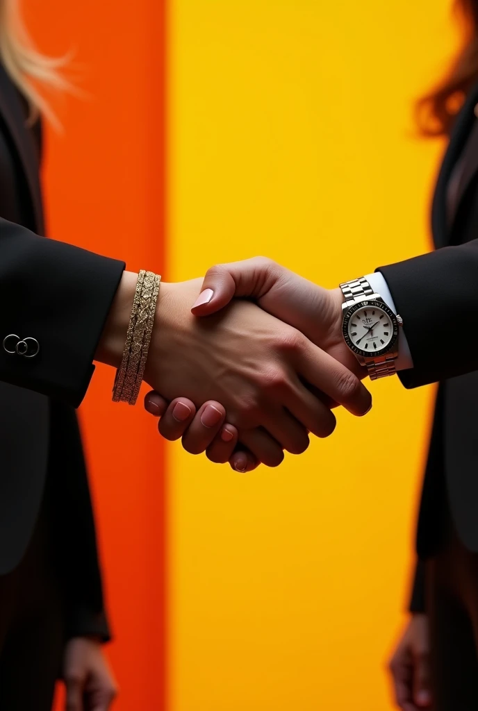 I created a handshake, where on the wrist there are women's bracelets cartier and a Rolex watch on just one arm, symbolizing the closing of a new partnership between two companies, the background must contain orange, yellow and black. more female the hands