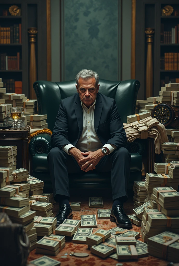 Make a sad man but surrounded by money and many expensive material things

