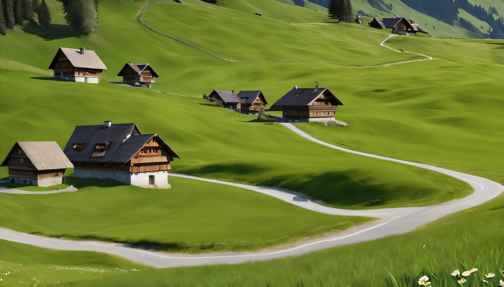 Alpine Village,Switzerland, Grasslands rich in nature, road, spring, Daytime, (Highest quality,4K,8k,High resolution,masterpiece:1.2),Very detailed,(Realistic,photoRealistic,photo-Realistic:1.37),High resolution,超High resolution,Studio Lighting,Vibrant colors,Professional