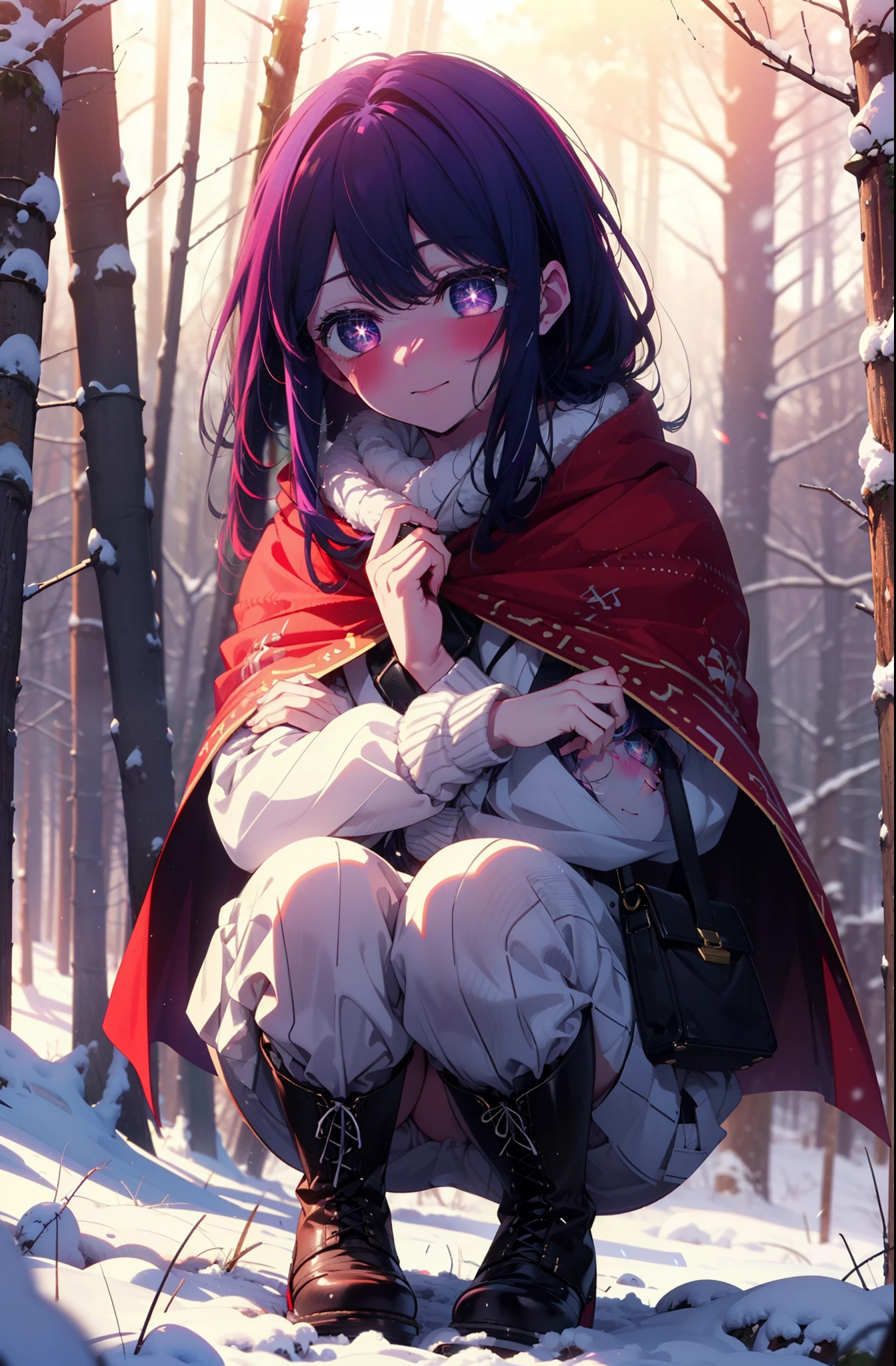 aihoshino, Ai Hoshino, Long Hair, bangs, (Purple eyes:1.1), Purple Hair, (Symbol-shaped pupil:1.5), smile,,smile,blush,white breath,
Open your mouth,snow,Ground bonfire, Outdoor, boots, snowing, From the side, wood, suitcase, Cape, Blurred, , forest, White handbag, nature,  Squat, Mouth closed, Cape, winter, Written boundary depth, Black shoes, red Cape break looking at viewer, Upper Body, whole body, break Outdoor, forest, nature, break (masterpiece:1.2), Highest quality, High resolution, unity 8k wallpaper, (shape:0.8), (Beautiful and beautiful eyes:1.6), Highly detailed face, Perfect lighting, Extremely detailed CG, (Perfect hands, Perfect Anatomy),