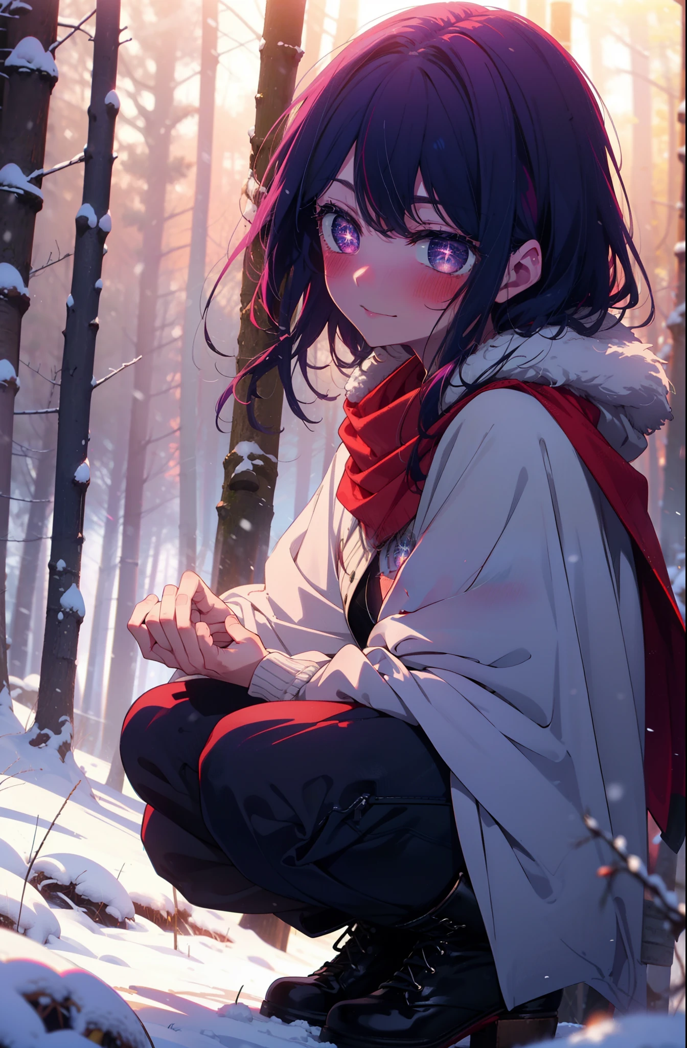 aihoshino, Ai Hoshino, Long Hair, bangs, (Purple eyes:1.1), Purple Hair, (Symbol-shaped pupil:1.5), smile,,smile,blush,white breath,
Open your mouth,snow,Ground bonfire, Outdoor, boots, snowing, From the side, wood, suitcase, Cape, Blurred, , forest, White handbag, nature,  Squat, Mouth closed, Cape, winter, Written boundary depth, Black shoes, red Cape break looking at viewer, Upper Body, whole body, break Outdoor, forest, nature, break (masterpiece:1.2), Highest quality, High resolution, unity 8k wallpaper, (shape:0.8), (Beautiful and beautiful eyes:1.6), Highly detailed face, Perfect lighting, Extremely detailed CG, (Perfect hands, Perfect Anatomy),