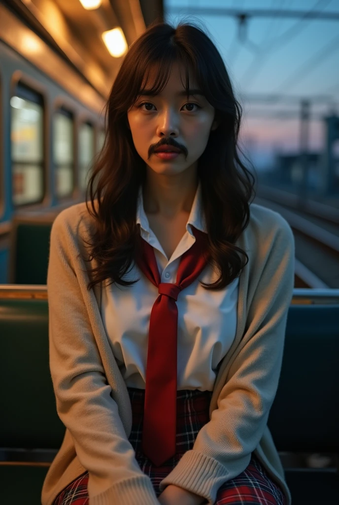 real photo,japan,from front view,twilight,in the train background,[tan skin,young female japanese,20 ages,groomed light brown long hair,black eye,big busty boobs,beautiful face,],[black,mustache,beard,],((((outfit,loose opened white shirt,"red tie",pink plaid pattern school mini skirt,white baggy socks,beige school cardigan)))),[sitting on seat,],