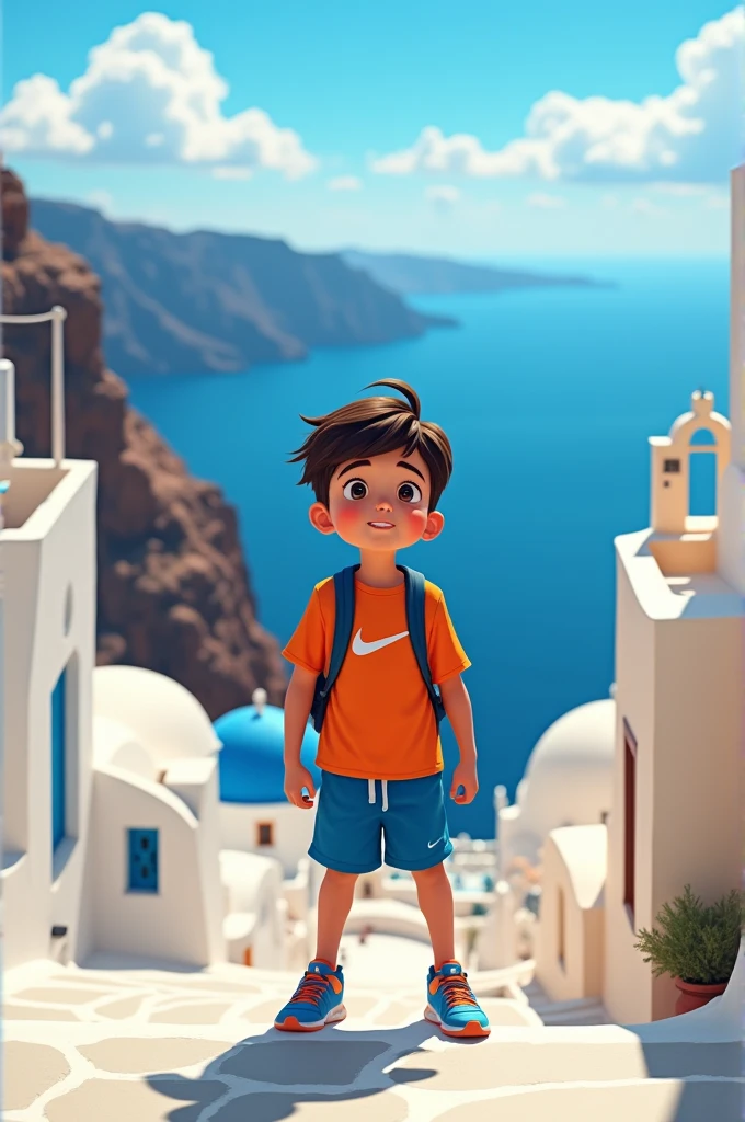 A twelve year old boy wearing Nike in Santorini Greece