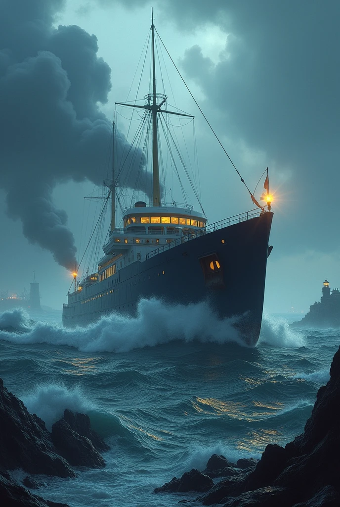 Storm big waves almost sink the ship, there are wrecks of other ships nearby , a modern ship sails on the waves to the lighthouse, his windows are lit with a yellow light and in the distance a candle shows him the way like a lighthouse. One of the waves hits the ship
