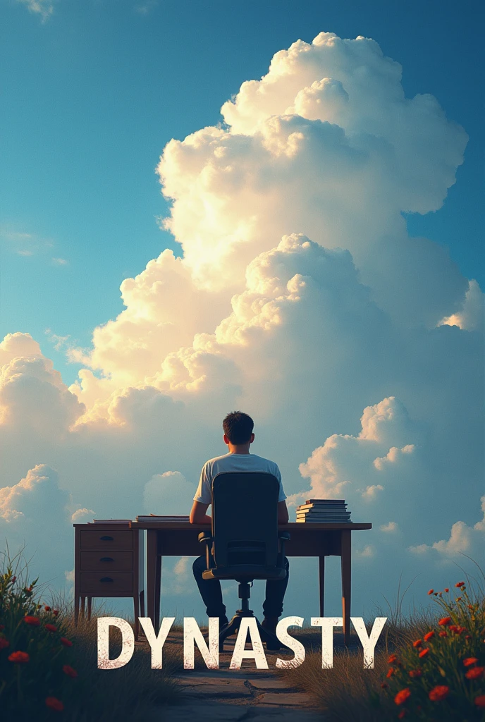 The words "DYNASTY" written in large letters at the bottom of the screen, ((masterpiece, highest quality, Highest image quality, High resolution, photorealistic, Raw photo, 8K)), ((Extremely detailed CG unified 8k wallpaper)), In the summer afternoon, a college student sits on a desk, looking up at the cloud, he gets a new idea about the origin of mankind, view from below,