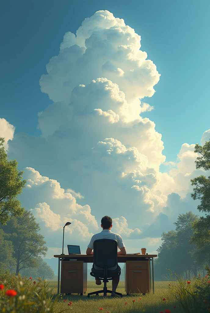 The words "DYNASTY" written in large letters at the bottom of the screen, ((masterpiece, highest quality, Highest image quality, High resolution, photorealistic, Raw photo, 8K)), ((Extremely detailed CG unified 8k wallpaper)), In the summer afternoon, a college student sits on a desk, looking up at the cloud, he gets a new idea about the origin of mankind, view from below,