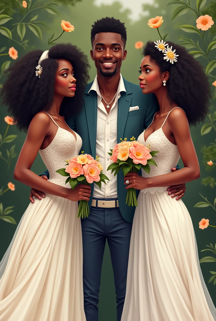 Un jeune garçon de 23 ans africain en veste au milieu de deux belles filles africaines en robe de mariage et tenant chacune dans les mains une fleur. La première fille a 19 ans et est heureuse tandis que la seconde fille a 21 ans et est triste