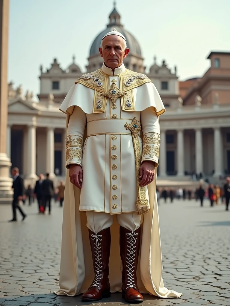 Scene set in St. Peter's Square in the Vatican. The focal point of this image is the brownno laces knee-high boots the Pope is wearing, the boots match the heavily ornamented white outfit with the papal insignia. The background is St. Peter's Square in the Vatican. AR 16:9, 16k, ultrarealistic, ultra high resolution, photorealistic, Ultra HD