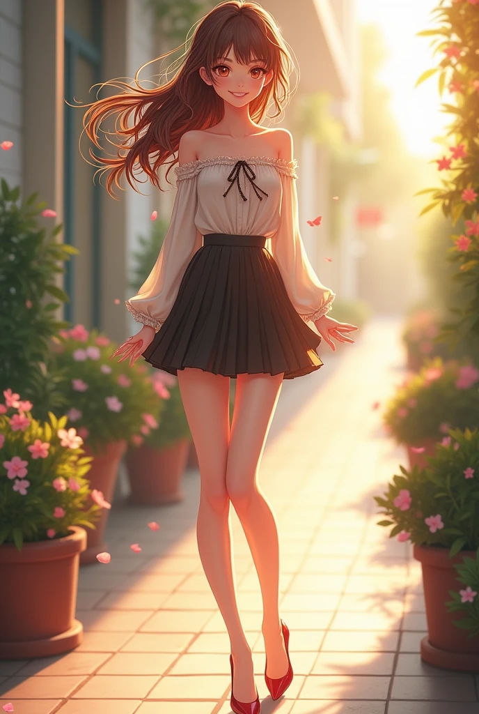 Ultra high quality，High heel，Off-shoulder，Long legs，Smile，Sunlight，Short skirt，full-body shot，Wear flowers，charming，Beautiful girl，student，School Belle，Eyes drawn