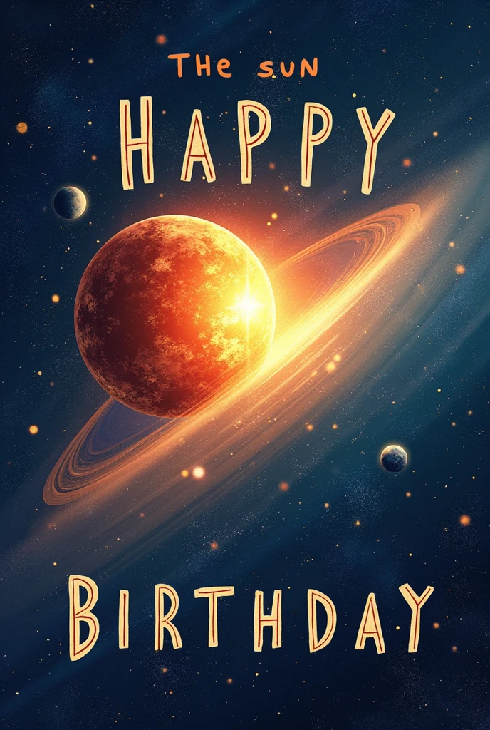 A birthday card that says "Happy return to the sun". universe background, the earth revolving around the sun.