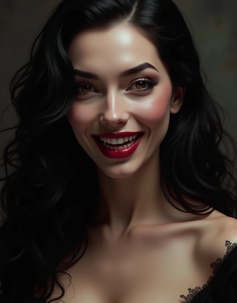 nsfw, 1mature adult woman, solo, a bewitching vamp, sexy MILF, evil femme fatale, lady from hell, vampire beauty, femme fatale, evil apostle of darkness, peerless beauty, a Vampire Kiss, Long, wavy, shiny black hair, arched eyebrows, double eyelids, golden eyes, a beautiful nose, Beautiful nostrils, (A evil smile that lifts the corners of her mouth),(Dark lips, glossy lips), Fangs, tongue, saliva, dripping of saliva, Focus only on the mouth, Woman mouth close up, glamorous, soft and curvy, Neck, collarbone, cleavage, saggy huge breasts, from front, from below, perfect anatomy, ideal facial features, ideally proportioned figure, perfectly beautiful body, super detailed skin, glossy skin, Beautifully detailed mouth, beautifully detailed teeth, beautifully detailed fangs, beautifully detailed tongue, beautifully detailed lips, masterpiece, incredibly absurd res, absolutely resolution, ultra high res,