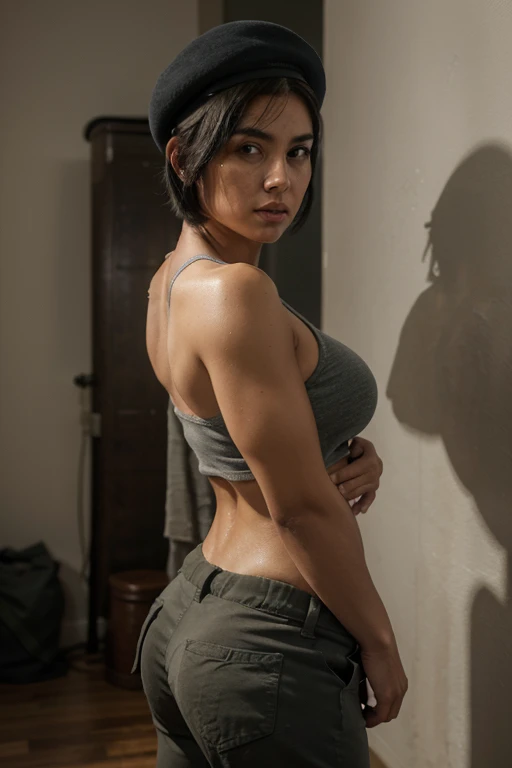 A latina female soldier with short hair looks sensually at the camera while she undresses, very sweaty in a dark wardrobe, wearing a gray beret, gray military pants, and a torn muscle shirt. She is a woman with the appearance of a warrior. He looks like Vasquez from Aliens. She wears a beret and has a thick body, wide torso, large breasts and strong arms. He has his back turned and looks at the camera, beret, black hair, short hair, from below, UHD, accurate, super detail, highres